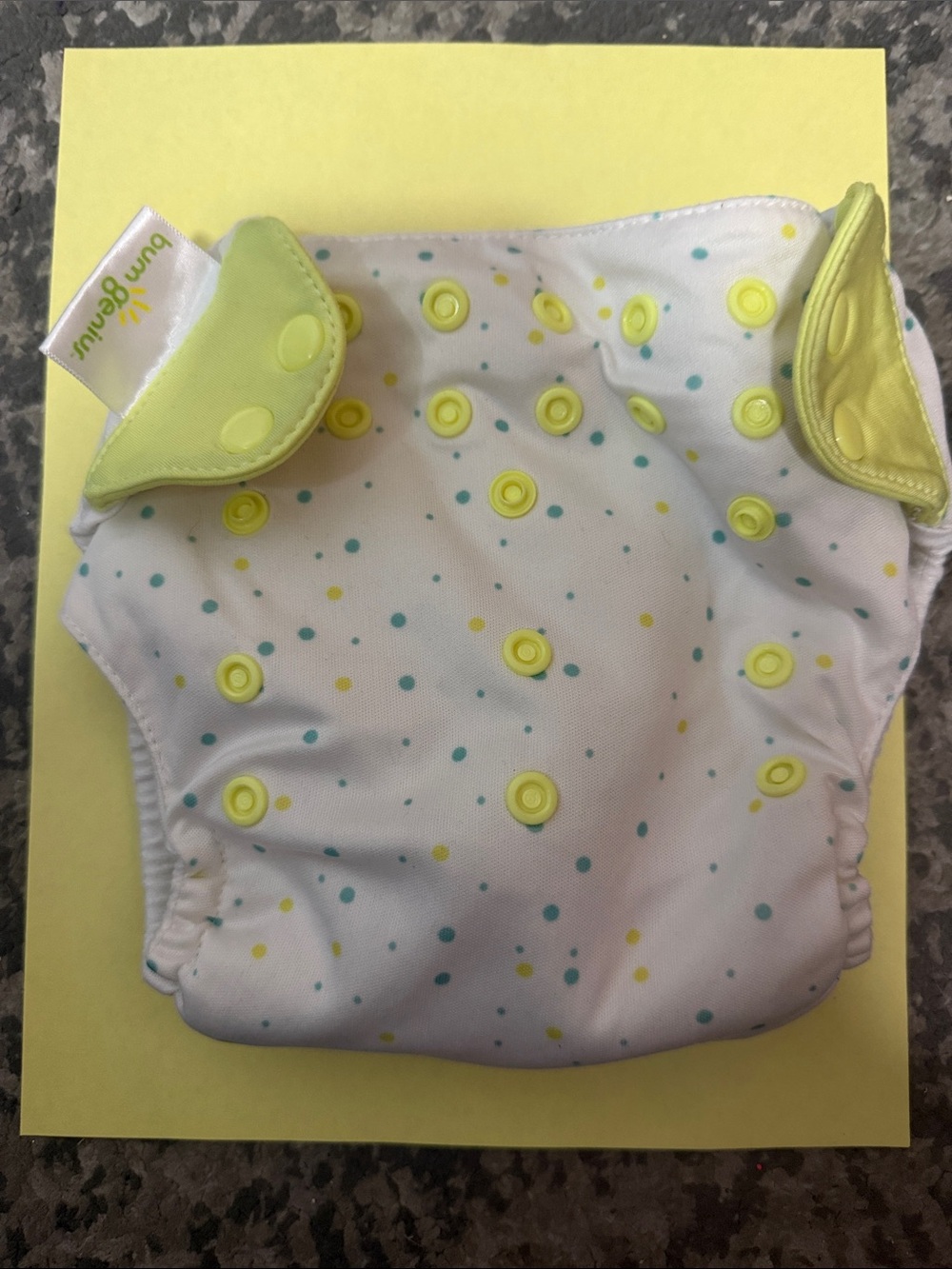 BumGenius White Diaper Cover with Yellow and Teal Dot Print